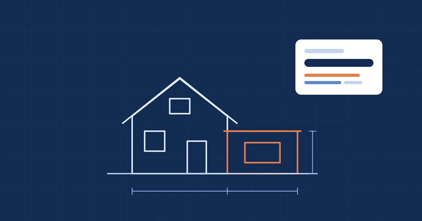 Blueprint-style drawing of a house with a new single-storey addition highlighted in orange